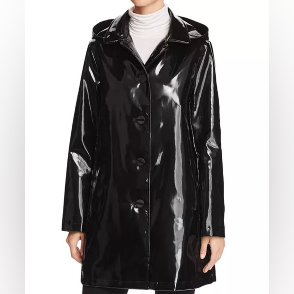 Jane Post Shiny Black Patent Raincoat with Hood